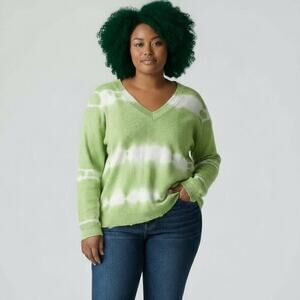 Davi & Dani Lime Green Tie Dye V Neck Knit Sweater Women's Size Large